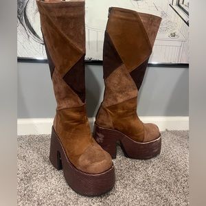 Demonia Camel Patchwork Brown Platform Boots